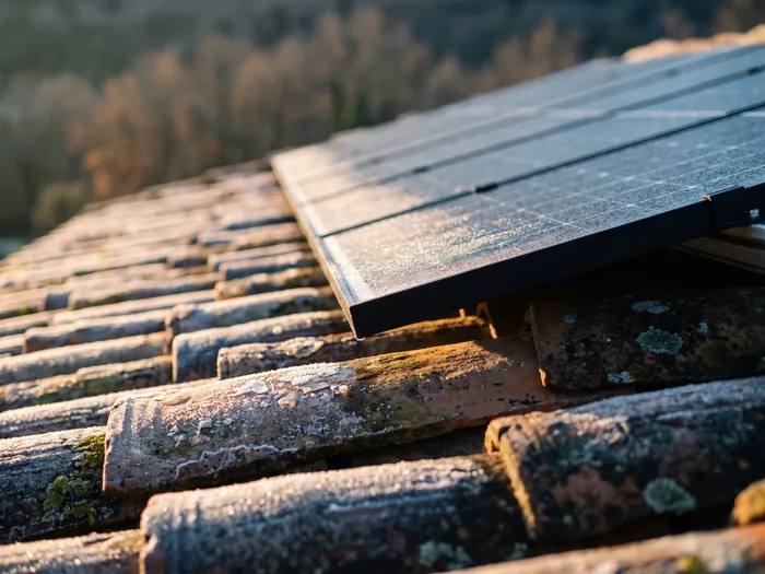Moduli fotovoltaici neri su coppi di laterizio con brina, primo sole del mattino