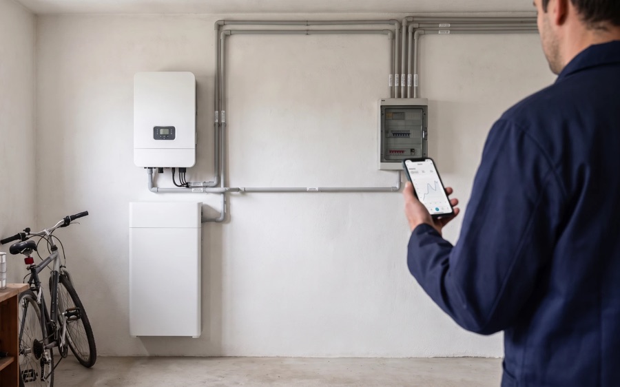 Inverter e batteria di accumulo montati in un garage, con i cavi in canalina; un tecnico controlla i dati di produzione sul telefono
