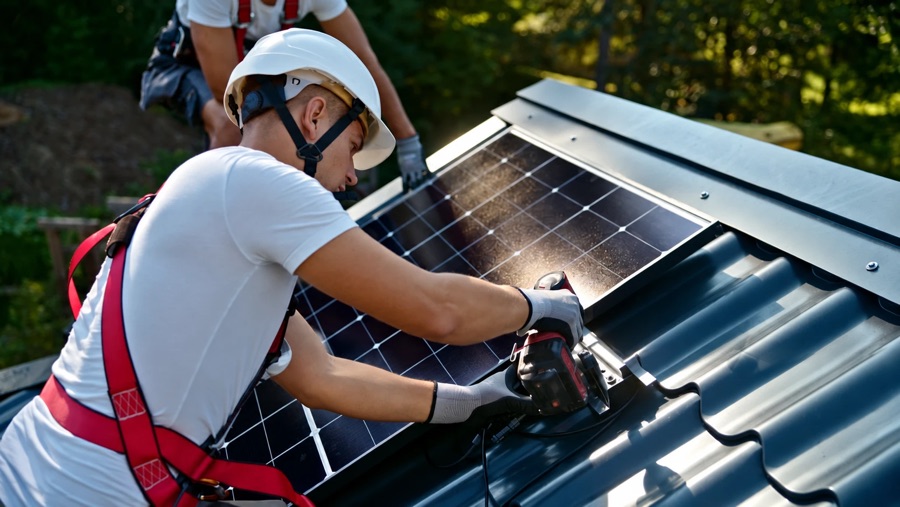 Installatore con casco e imbracatura fissa un modulo fotovoltaico sul tetto con l'avvitatore