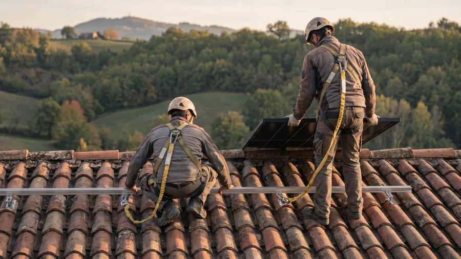 Due operai di spalle su un tetto in coppi, con casco e imbracatura ancorata